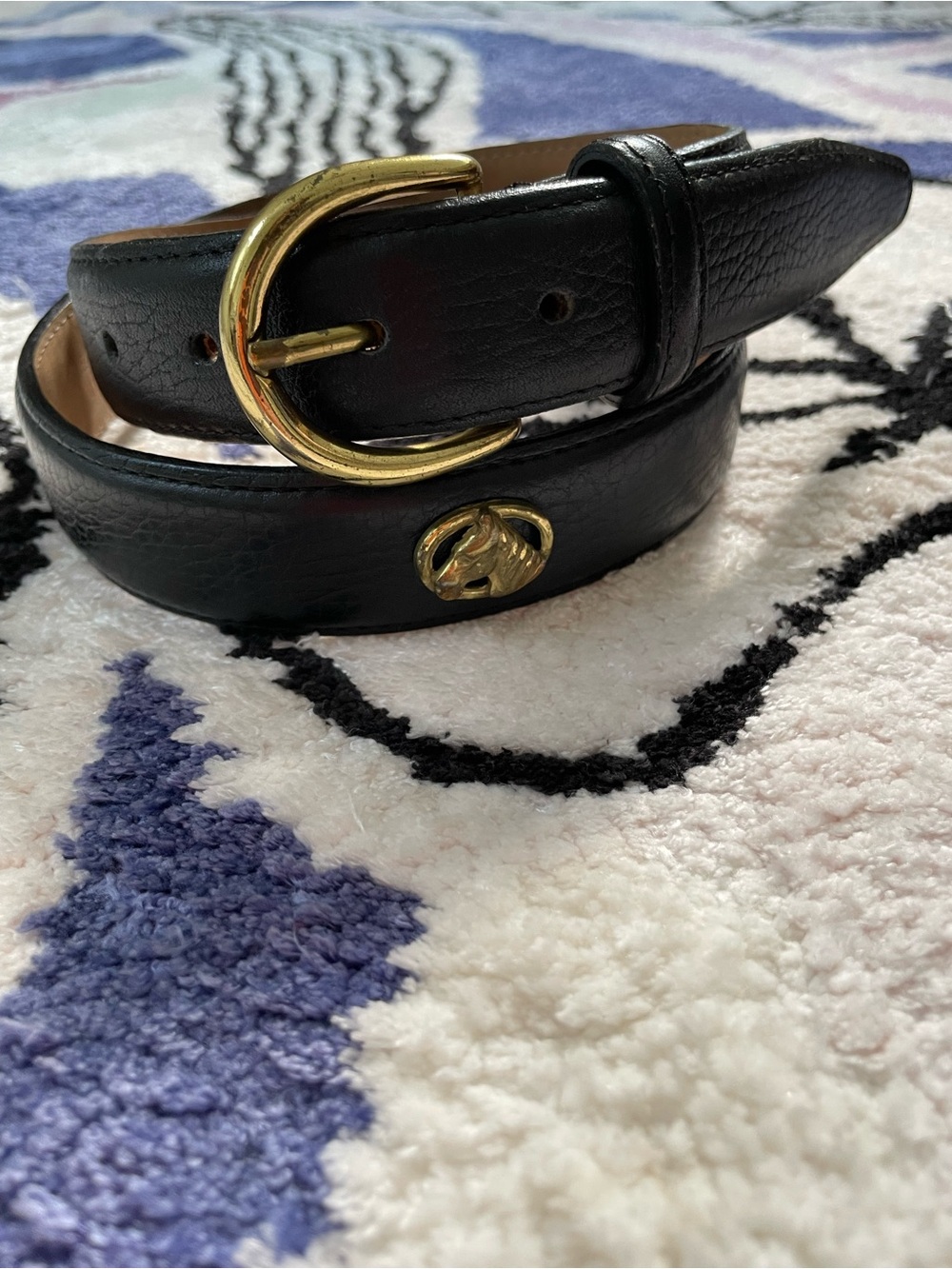 VTG Talbots black pebbled leather belt equestrian horse head medallion gold tone
